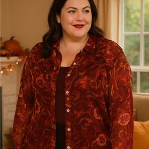 French Laundry Sheer Button-Down Blouse Silk Blend - Size 2X
